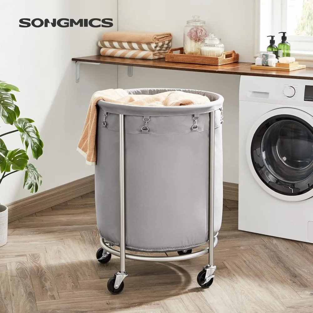 Laundry Basket with Wheels, Rolling Laundry Hamper, 45 Gal., Round Laundry Cart with Steel Frame and Removable Bag