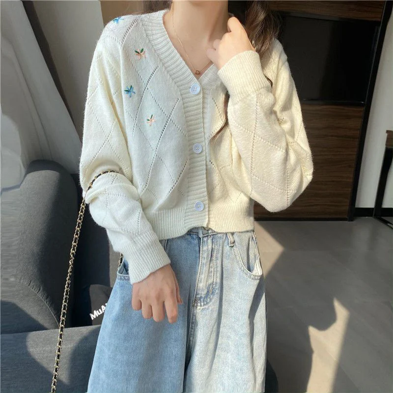 

Rimocy Embroidery Knit Cardigan Women 2024 Hollow Out Long Sleeve Cropped Sweater Woman Chic V Neck Loose Cardigans Female