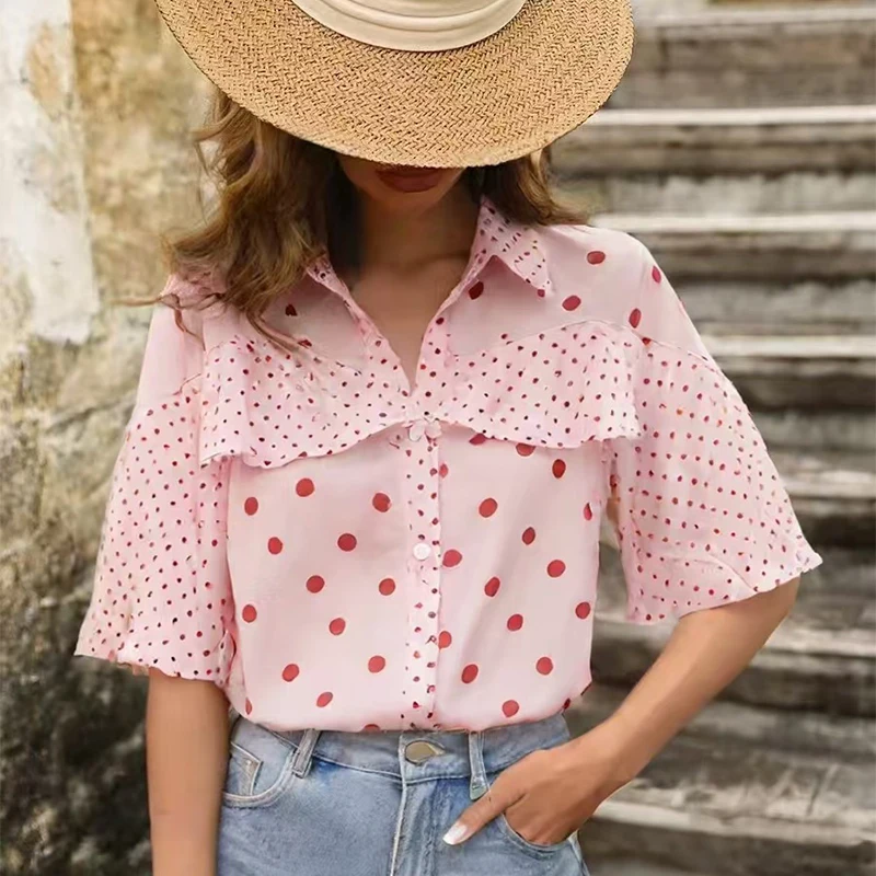 Temperament Polka Dot Short Sleeve Chiffon Shirts Women Fashion Spliced Ruffles Lapel Crop Top Summer New Single-Breasted Blouse