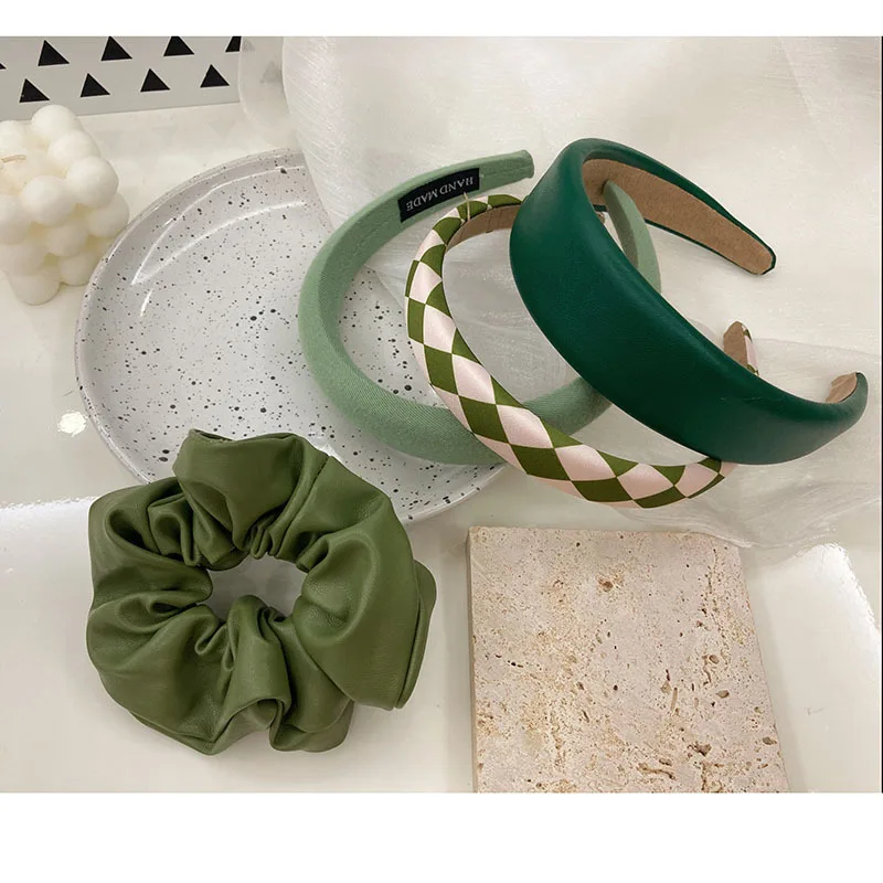 Thick Sponge Headbands Forest Green Houndstooth PU Hairbands for Women Hair Accessories Girls Modern Fashion Daily Headwear