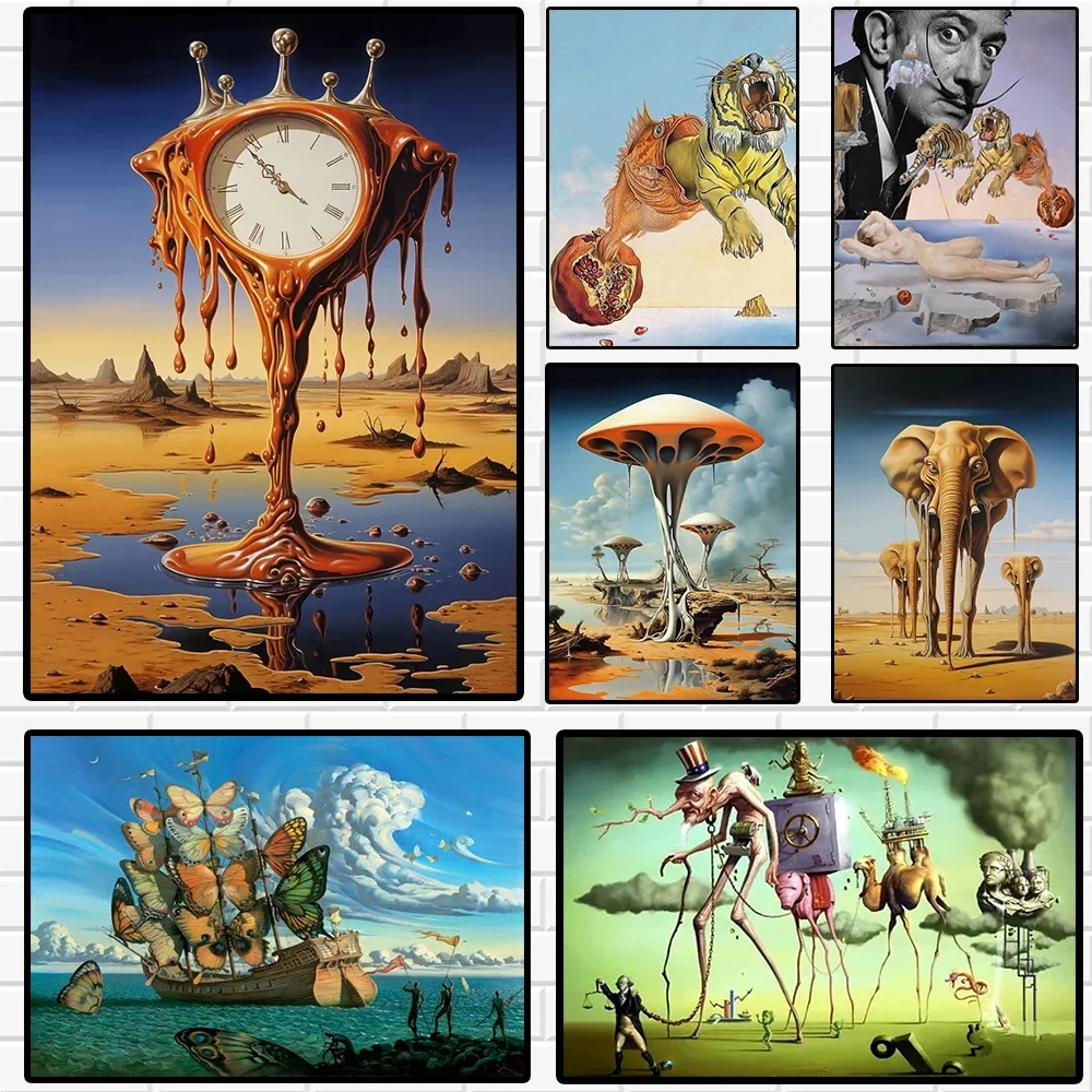 Surrealism Canvas Wall ,Melting Clock & Surreal Elephant Fantasy Painting Print, Classic Surreal Abstract Poster for Living R