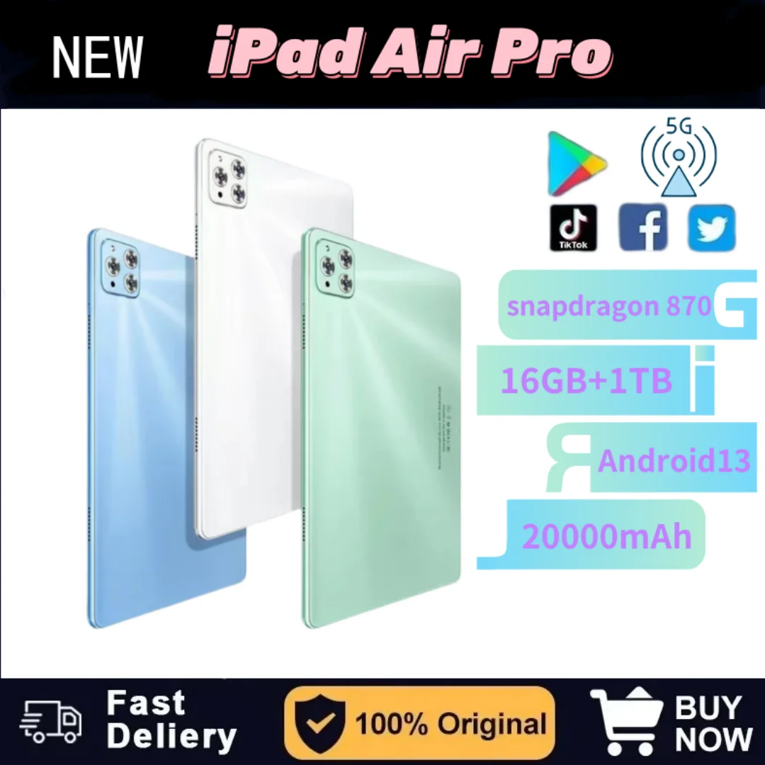 New IPad Air Pro Tablet 11 inch 16GB RAM 1TB ROM Android 13 20000 mAh Bluetooth 5.0 5G GPS Wifi Office Gaming Full Screen Tablet