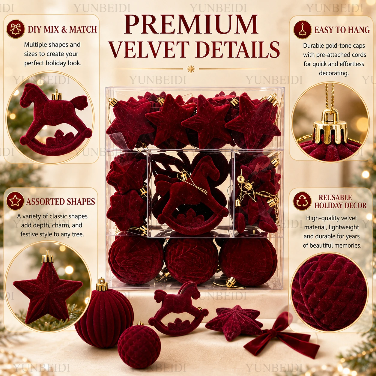 58PCS Christmas Ornament Set Velvet Baubles Balls for Christmas Tree Decoration DIY Hanging Ornaments Holiday Home Decor Gift