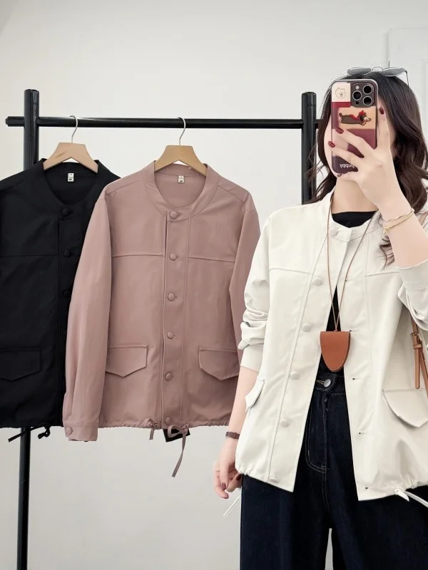 Loose Fit Korean Style Casual Jacket Large Size round Neck Single Button Drawstring Bottom Ladies Outerwear Spring 2026