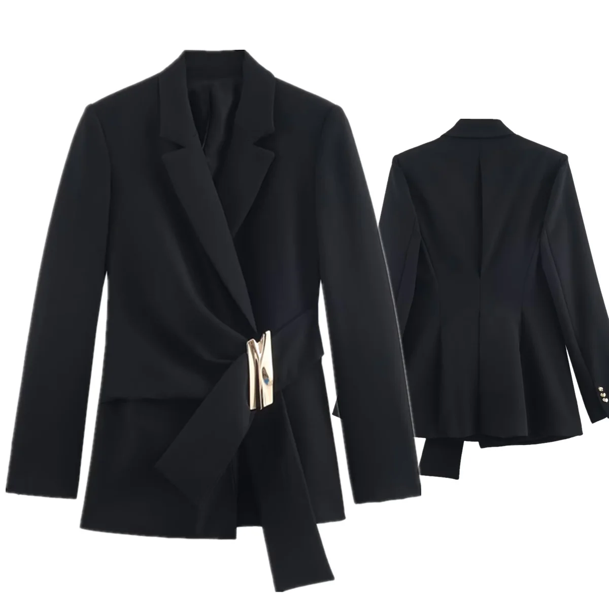 

Maxdutti Британия Модная женская куртка Женская одежда Топы Вечерний пиджак Женский минималистичный черный пиджак с золотыми пуговицами