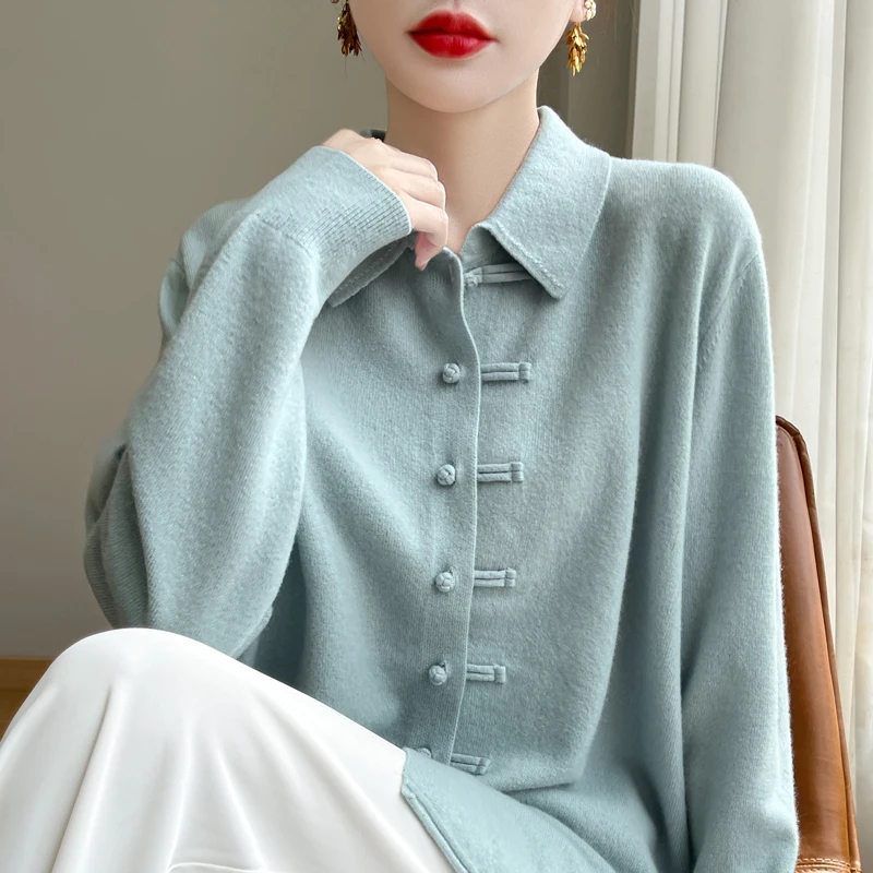 

New Chinese Sle Buttoned Collar Camere Knitted Woolen Cardigan Women's Retro irt Outerwear Long Sve Regular Fit