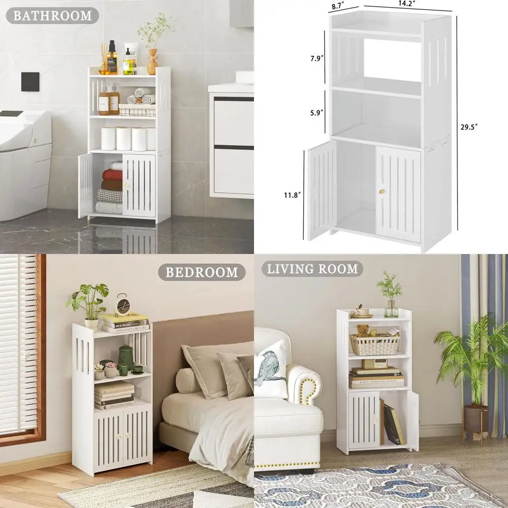 

4-Tier White Floor Standing Cabinet Organizer for Bathroom, Living Room, and Kitchen with Door for Small Spaces