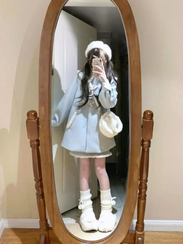 Thiened шерстяное пальто и комплект для женщин, зимний теплый сладкий размер, корейский модный комплект на пуговицах, свободная посадка