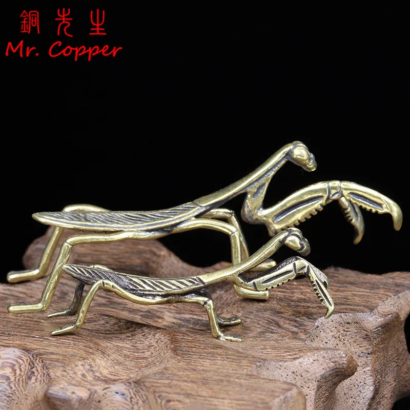 Retro Brass Mantis Figurines Desktop Small Ornaments Tea Pets Simulation Insect Model Statue Home Decorations Crafts Accessories
