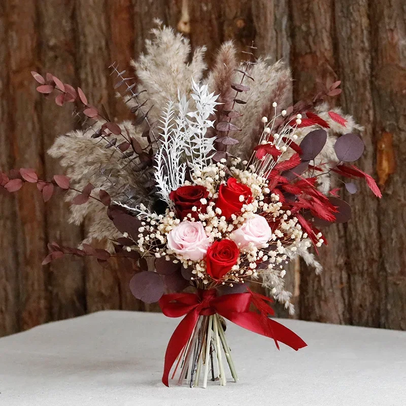 Bridal Holding Flower Dried Flowers Pampas Bunny Rabbit Tails Wedding Bouquet Arrangement Artifical Flower Wedding Decoration