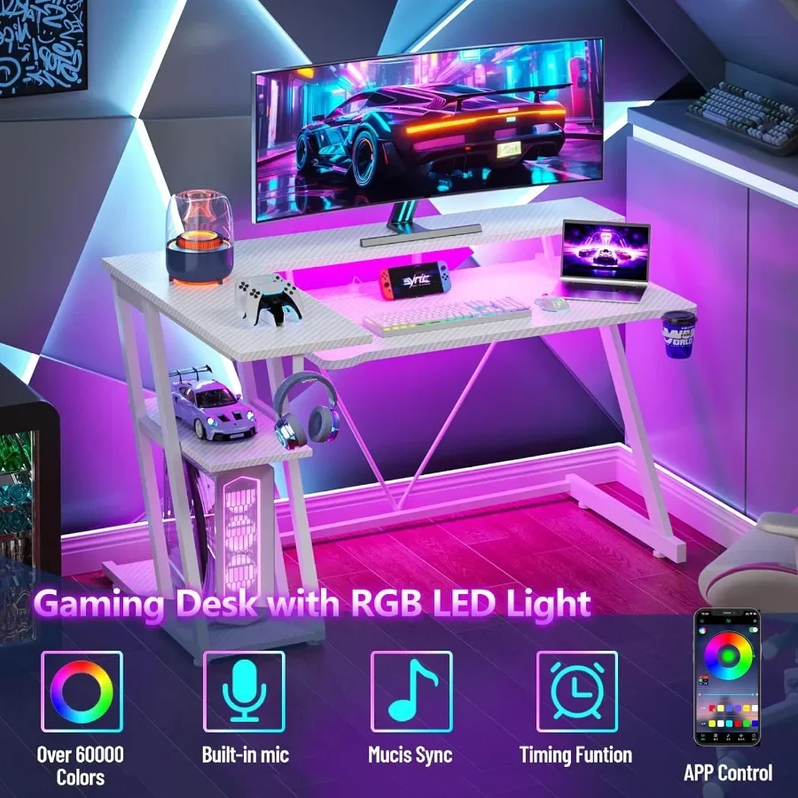 مكتب ألعاب على شكل حرف L مقاس 40 بوصة مع مخرج طاقة مدمج وأضواء LED محيطة ومكتب كمبيوتر زاوية يتميز بتخزين من 3 طبقات #4