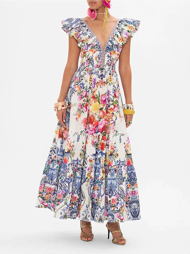 

Dresses y2k spring/summer diamonds floral print big hem dress sleeveless v-neck long dresses2024viscose slim fit Party dresses