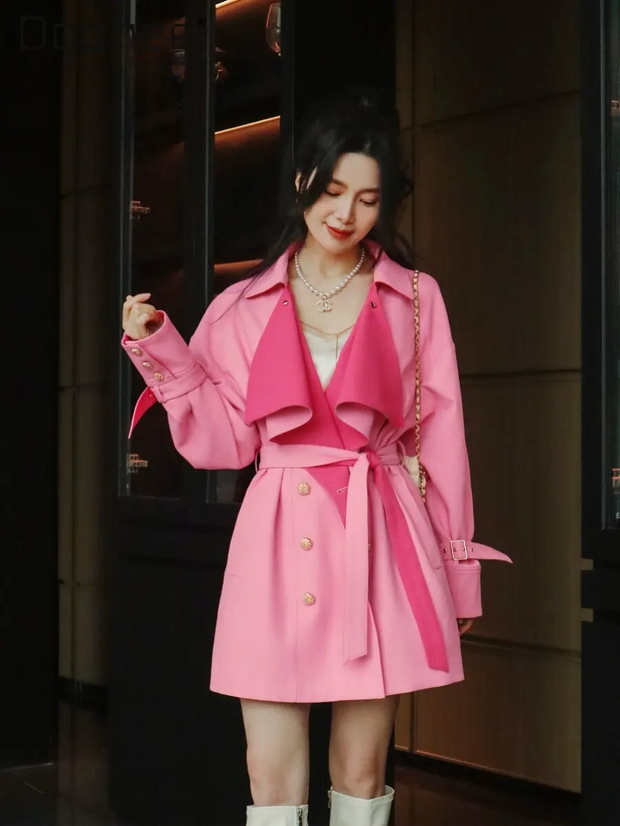 

Elegant Women's Pink Short Trench Coat Double Breasted Belted Lapel Windbreaker Color Block Overcoat Fashion Office Outerwear