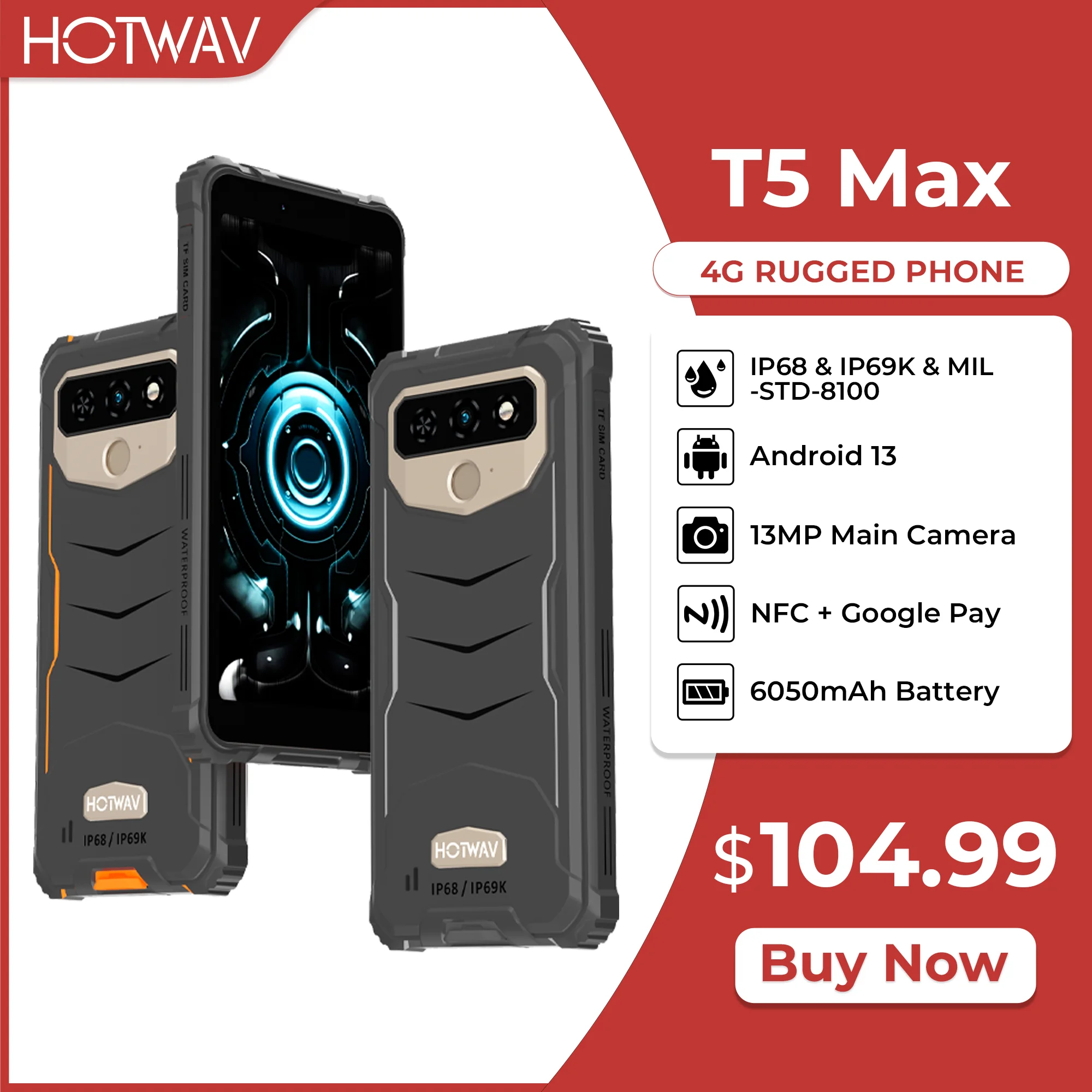 hotwav t5 max rugged smartphone android 13 6050mah 4gb mais 64gb celular nfc suportado 60 13mp camera traseira celular 01