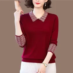 Autumn Winter Fashion Patchwork Turn-down Collar Long Sleeve Pullovers Ladies Temperament All-match Knitting Bottoming Shirt