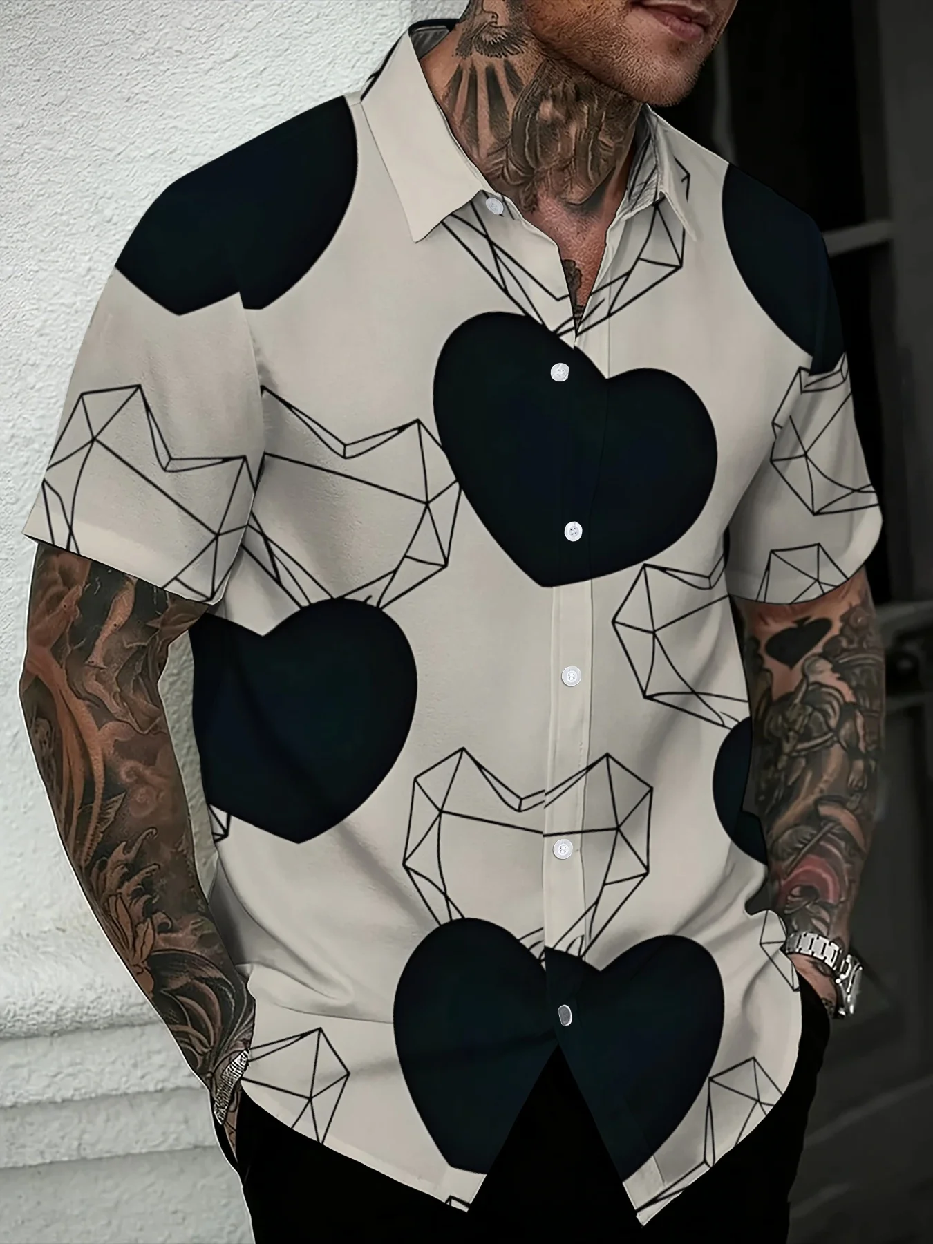 Valentine Themed Geometric Heart Men Short Sleeve Shirt Neutral Cream Tone Dual Heart Design Lapel Shirts Dating Daily Outfits