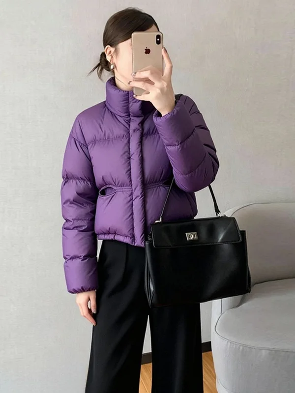 

Модная фиолетовая укороченная утепленная хлопковая куртка с воротником-стойкой для женщин: новый стиль, очень красивая, универсальная зимняя верхняя одежда