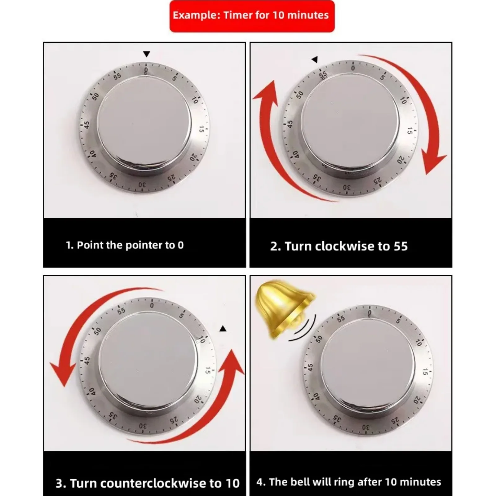 Stainless Mechanical Timer Magnetic Alarm Clock Countdown Timer Baking Kitchen Cooking Study Time Management Reminder Clock