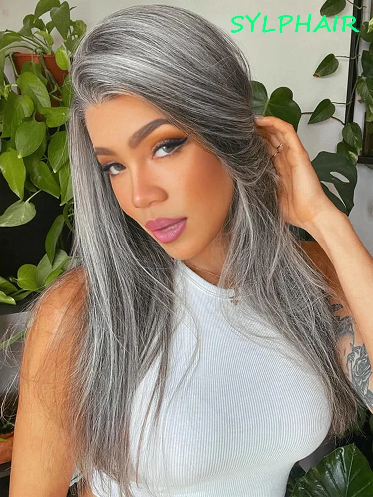 13x4 Bone Straight Gray Lace Front Human Hair Wigs For Women Brazilian Glueless Remy Grey Colored Transparent Lace Frontal Wig