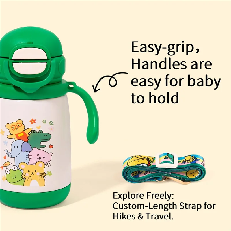 A30F-13Oz キッズ断熱ウォーターボトル、ストロー & 注ぎ口蓋、ショルダーストラップとハンドル付き、316 ステンレススチールウォーターボトル