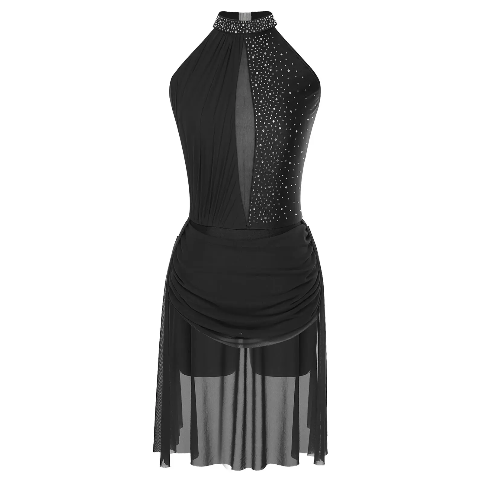 

Women Figure Skating Performance Costume Sleeveless Rhinestones Mesh Leotard Dress for Modern Lyrical Dance Gymnastics Acrobatic