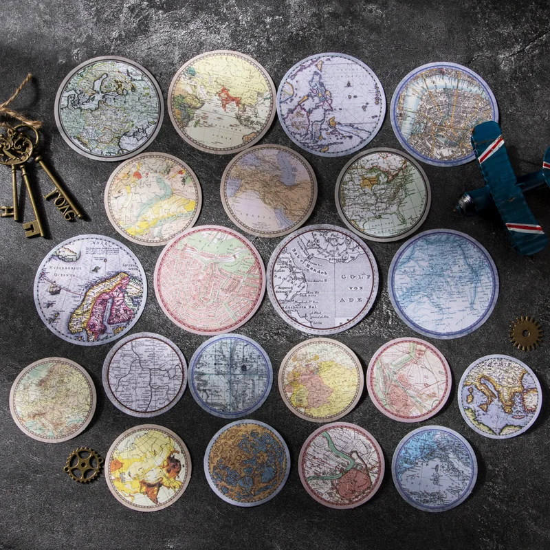 30 Sheets Space-time Navigation Series Vintage Map Round Sticker Creative DIY Journal Collage Decor Stationary