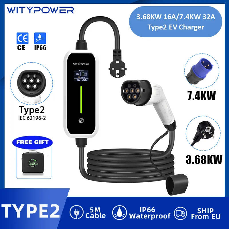WityPower Tragbares Elektroauto-Ladegerät Typ 2, IEC62196, 16 A, 3,5 kW, 32 A, 7 kW, 5 m Kabel, Wallbox zum schnellen Aufladen von Elektroautos