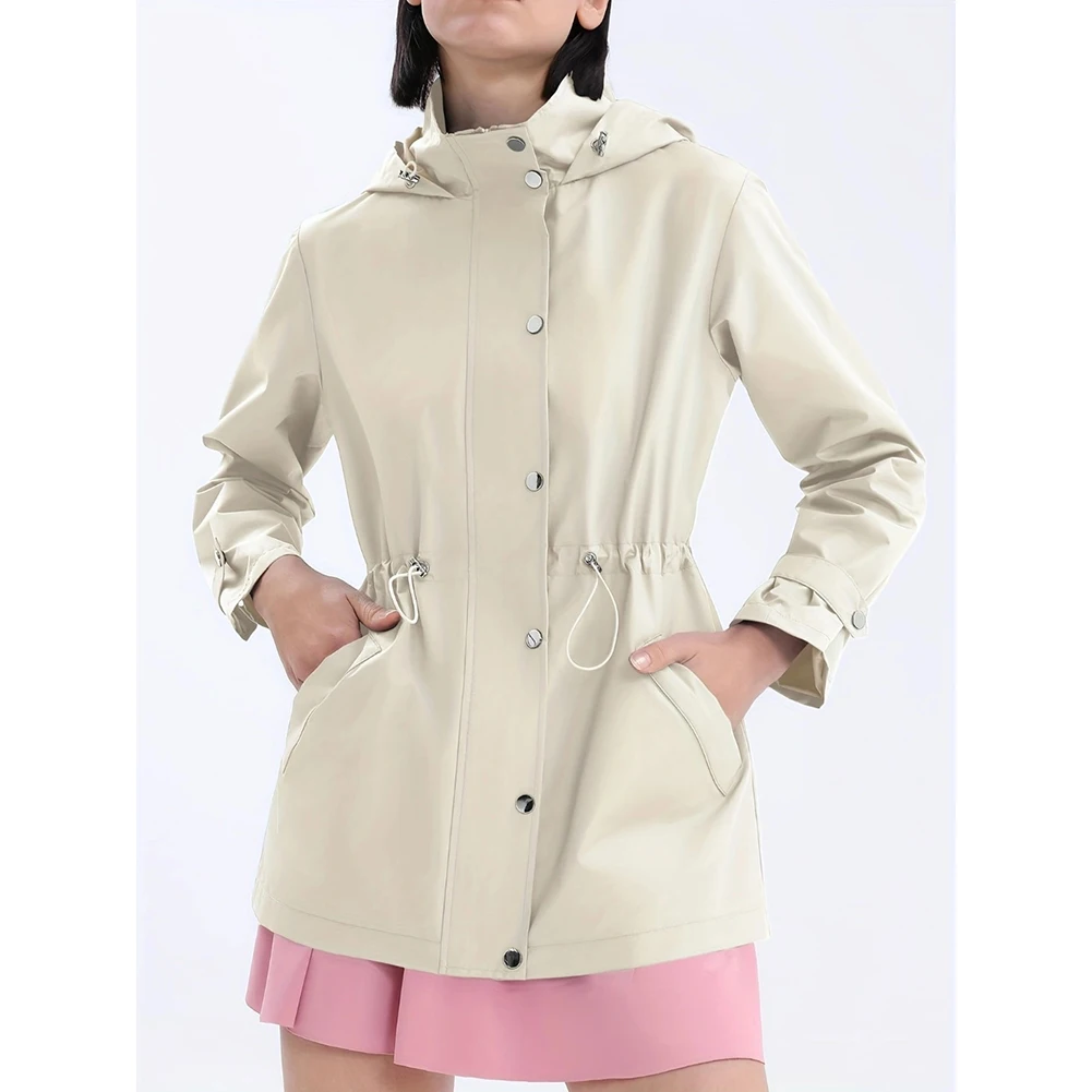 Womens Solid Trench Coat with Hood Stand Collar Snap Button Front Medium Stretch Fabric and Drawstring Waist Fit