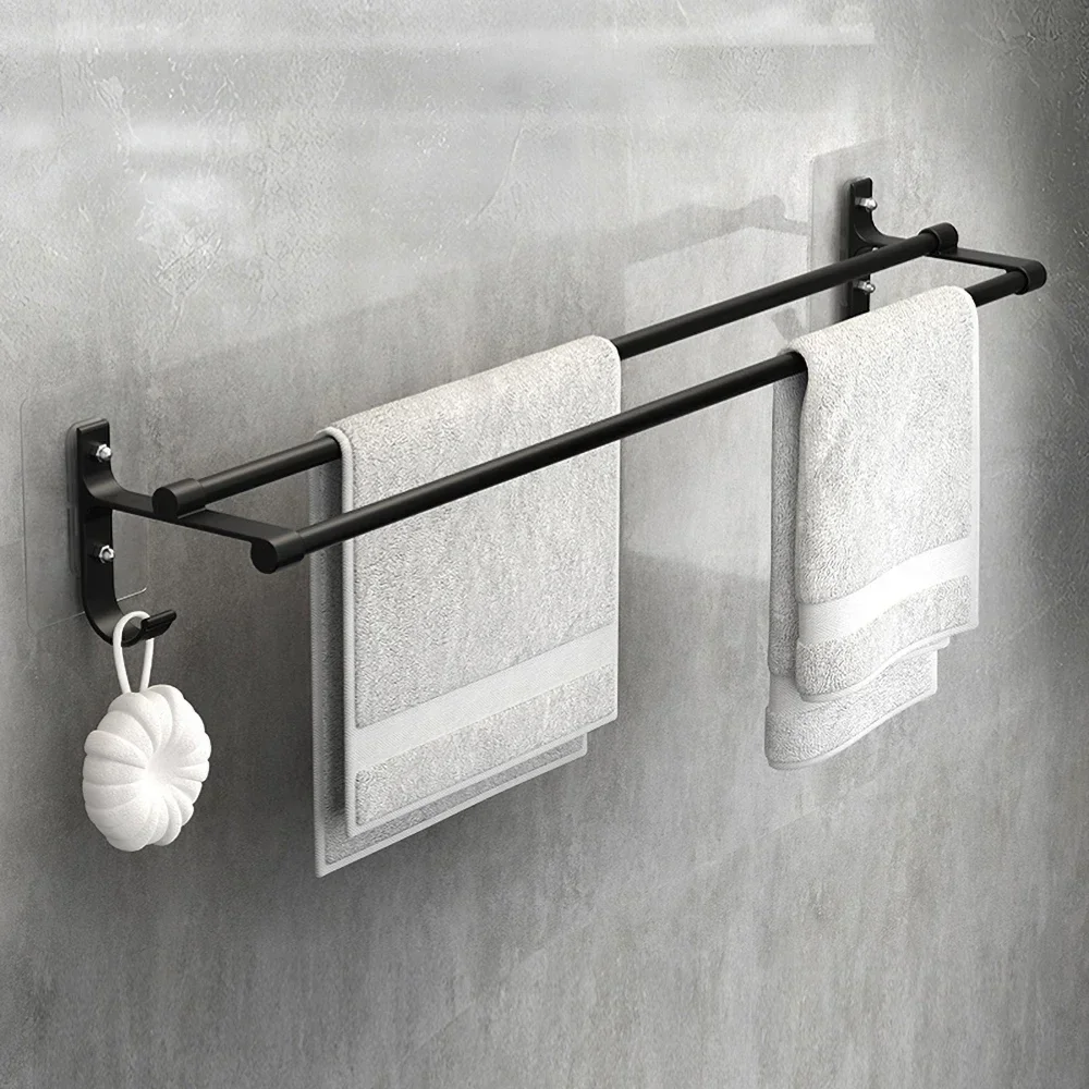 Punch-free Towel Rack Home Patch Double Bars Black Space Aluminum Wall Self Adhesive Clothes Holder Bathroom Hanger Acessorios