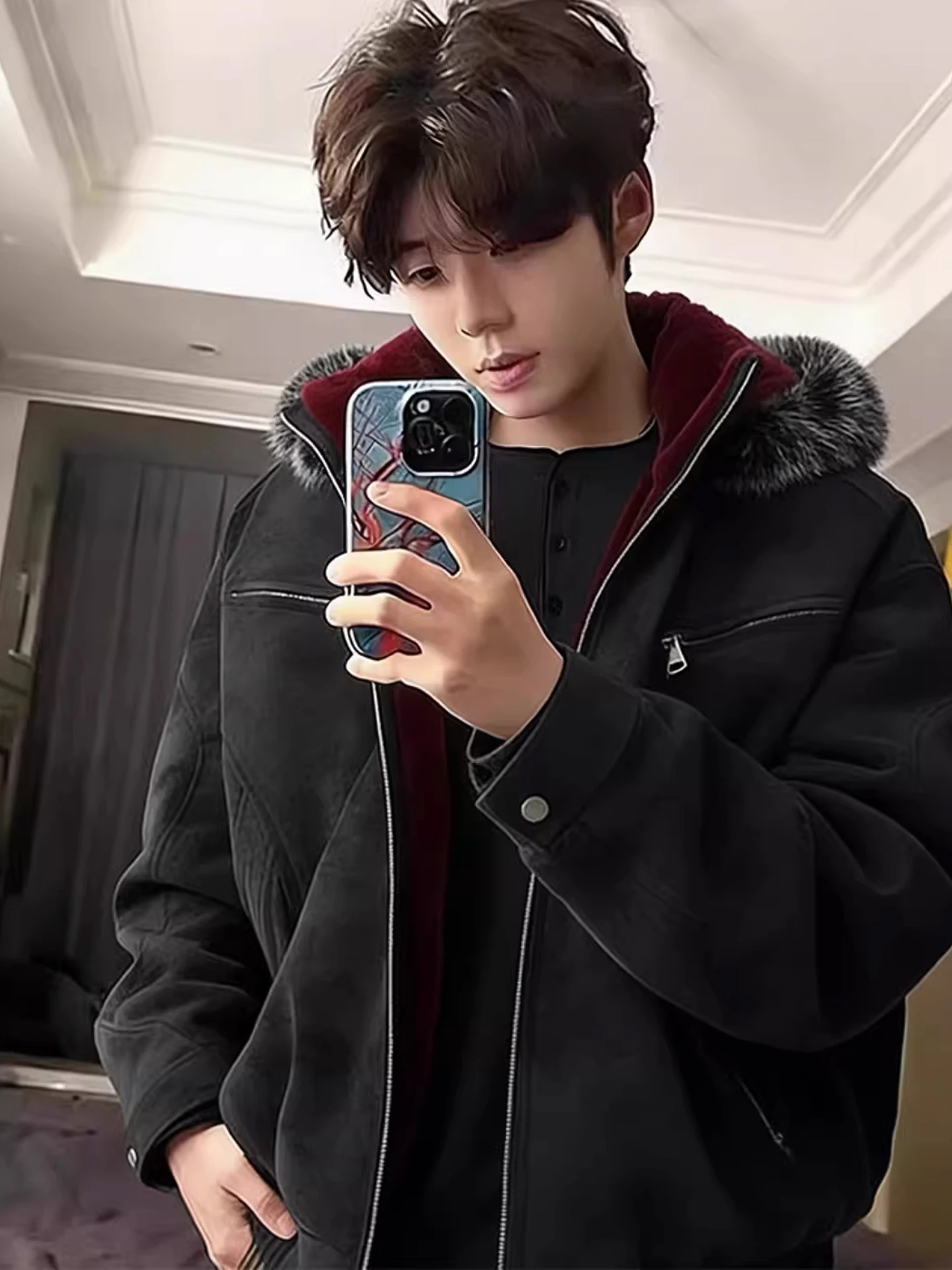 

American Sle ort Cotton Jaet Men's Winter Thiened Fce Lined Coat with Hood And Fur Collar Youth Faion Warmth