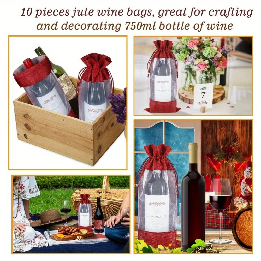 4pcs Wine Bottle Bags 750ml with Sheer Window Organza Hessian Drawstring Gift Bags for Wedding Festival Wine Tasting Party