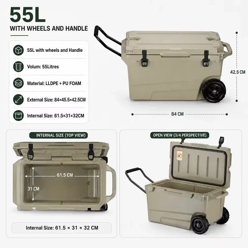 55L Rotomolded Hard Cooler with Wheels Heavy Duty Portable Ice Chest for Camping Fishing Outdoor LLDPE Insulated Box Large