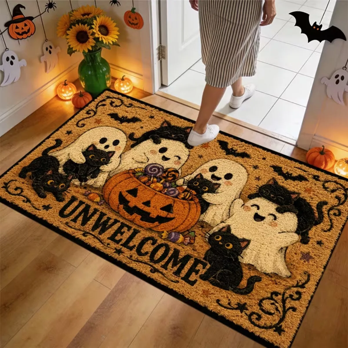Halloween Front Door Mat Square Diatomaceous Earth Material Rubber Base Non Slip Water Absorbing Rug for Kitchen