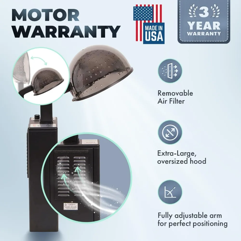 Pengering rambut bertudung ionik, 980 watt, buatan AS, pengatur waktu dan kontrol suhu 4 pengaturan, tudung ekstra besar dapat diatur