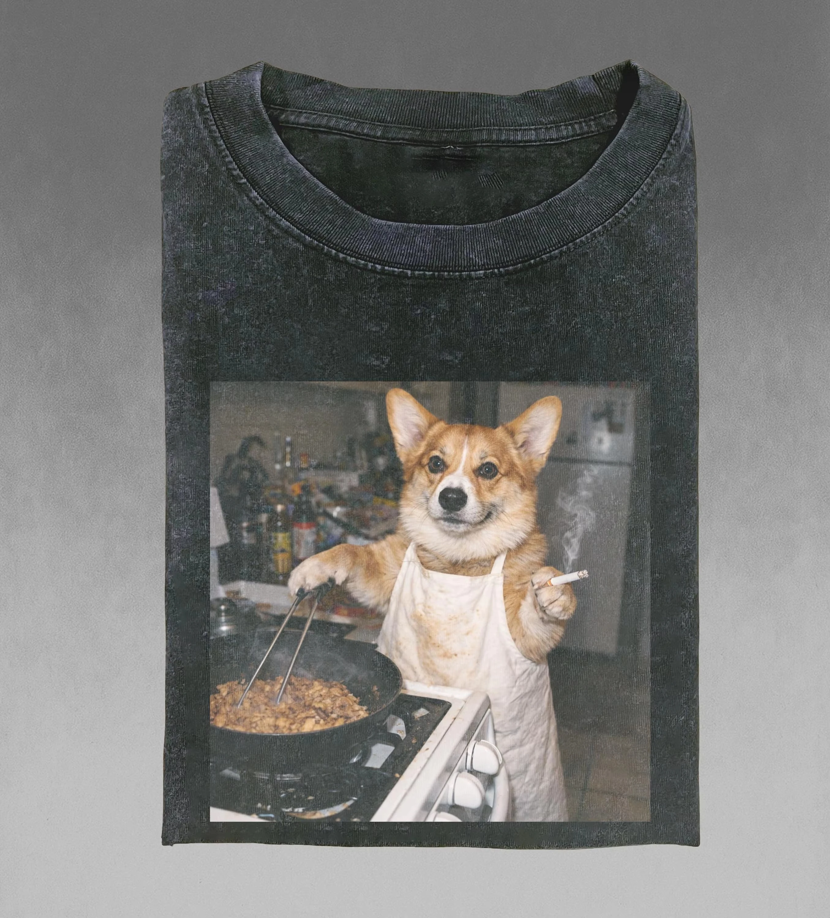 Retro Cooking Dog Emoji Pattern T-shirt Fun Corgi Washed Cotton T Shirt Oversized Casual Streetwear O Neck Print Tops Unisex