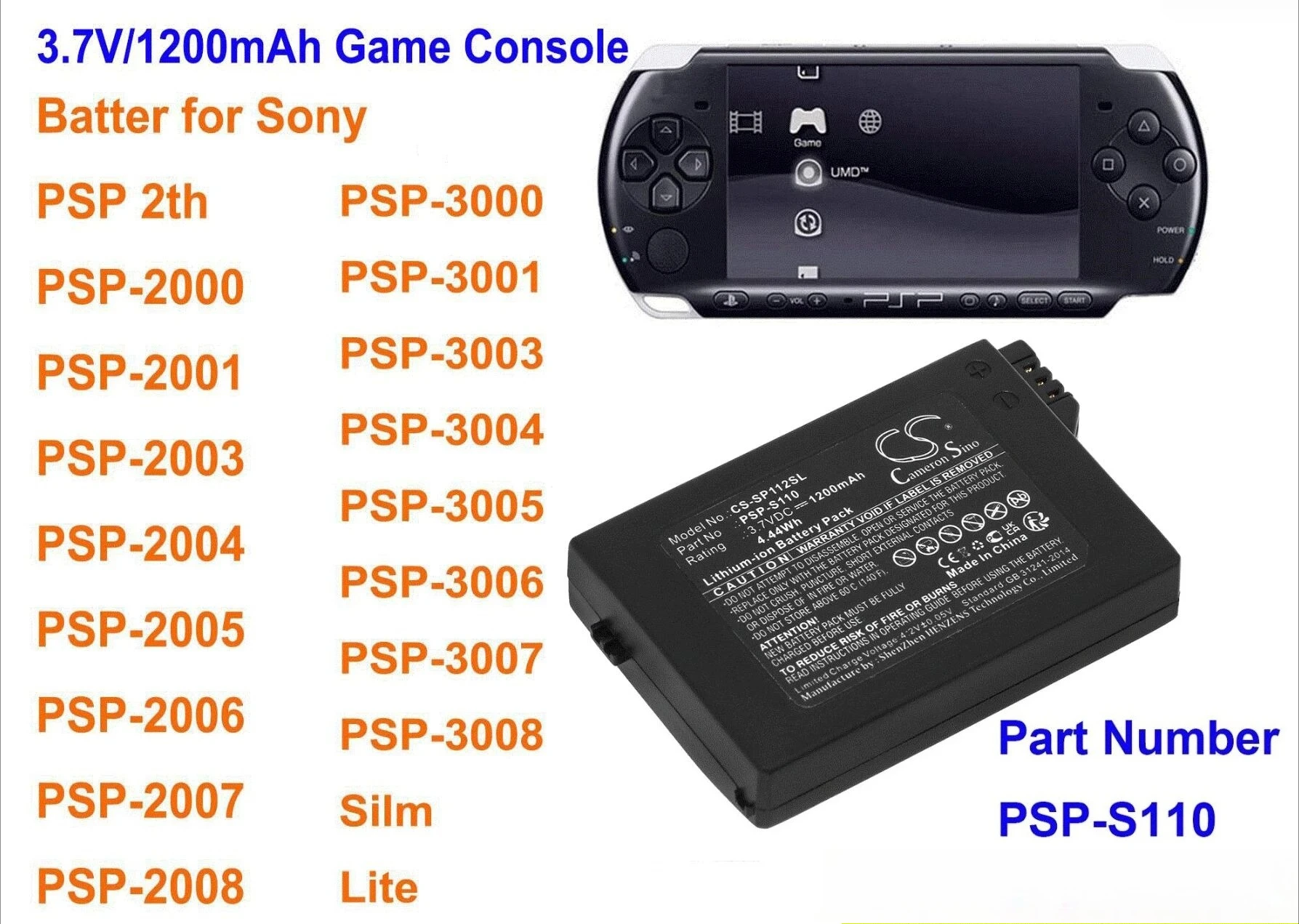 

Cameron Sino 1200mAh Battery PSP-S110 for Sony PSP-2000, PSP-3000, PSP-3004, PSP-3001, PSP-3008, PSP-2004, PSP-2006, PSP-2005
