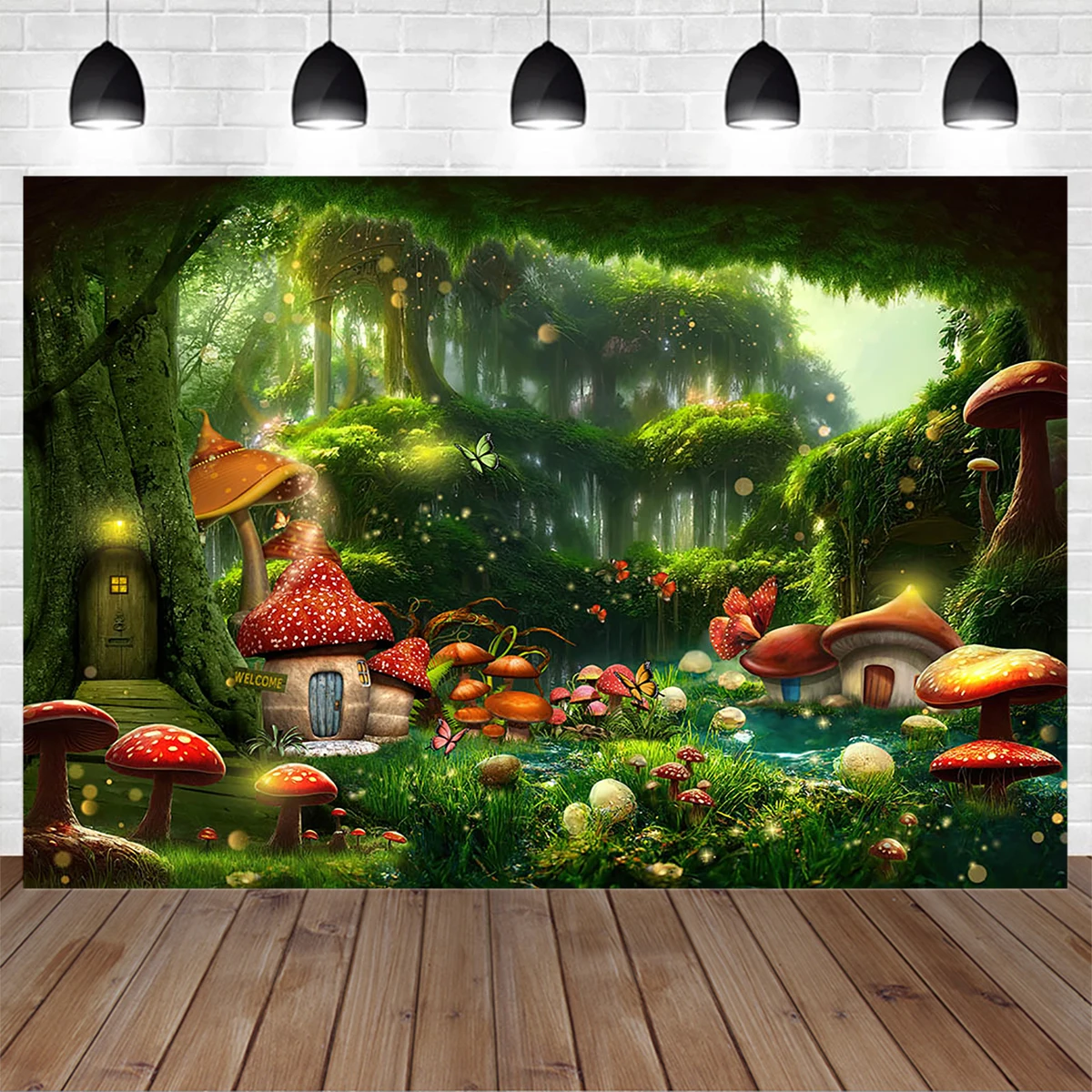 Spring Magic Forest Green Photography Background Tree House Giant Mushroom Butterfly Decor Backdrop Children Birthday Studio