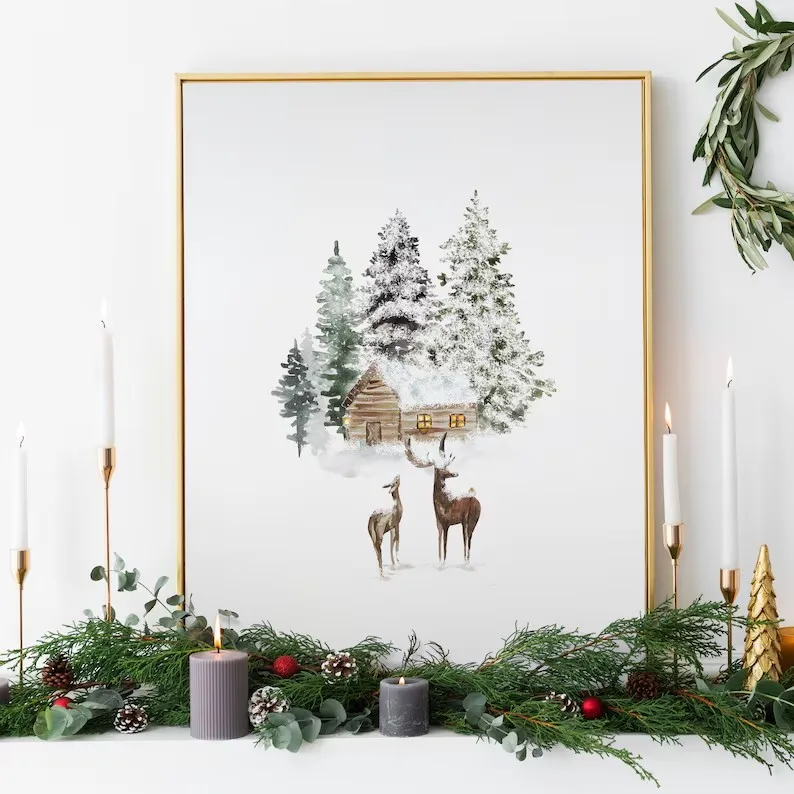 Christmas Elk Cedar Tree Canvas Print Winter Wonderland Black and Beige Wall Art Poster Modern Living Room Christmas Home Decor - view 4