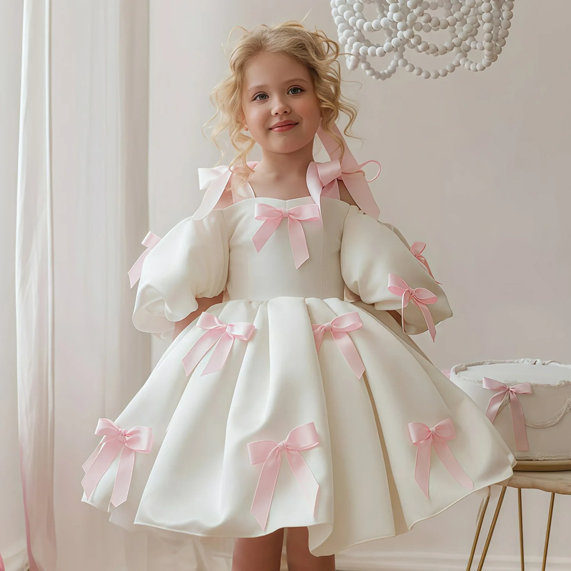 Children Girl Puff Sleeves Fashion Princess Dress Birthday Party Wedding Dresses Summer Elegant Frock For Kids Girls With Bow