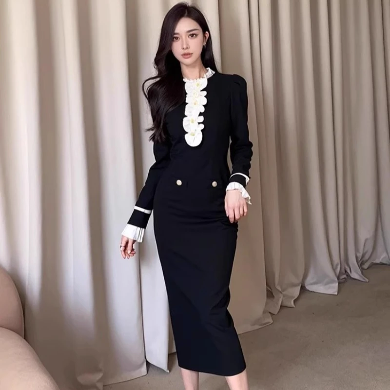 Black Elegant Women Dress Golden Button Ruffles Long Sleeve Vintage Clothing Business Streetwear Party Vestidos Bodycon  Luxury