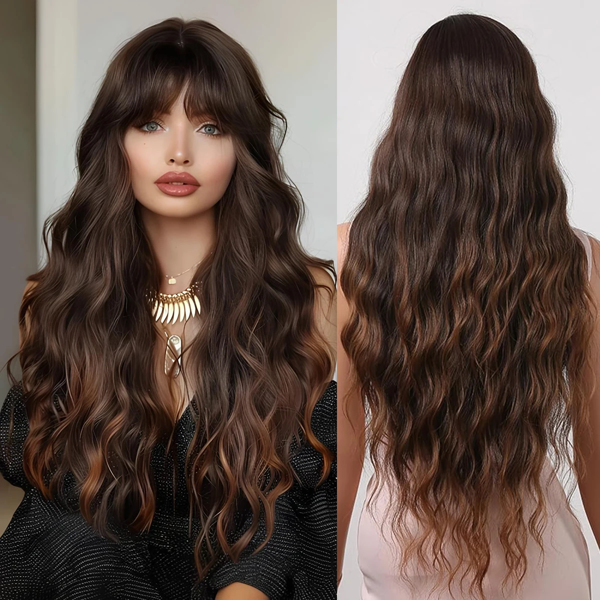 

Длинные волнистые синтетические парики для женщин Ombre Коричневые блондинки вьющиеся парики с челкой Повседневный косплей Вечеринка Искусственные волосы Термостойкие