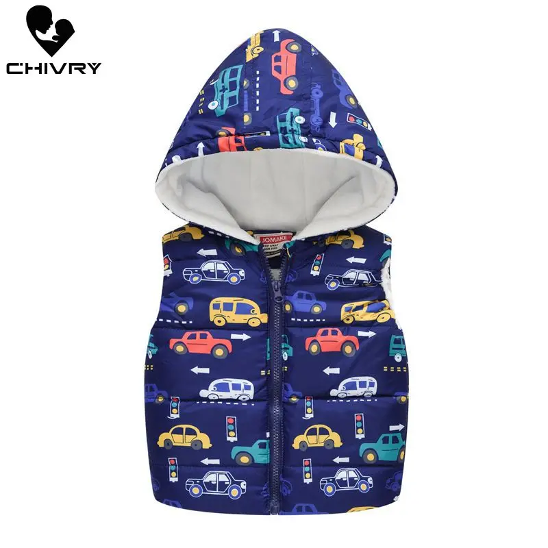 2022 Autumn Winter New Boys Girls Sleeveless Hooded Wool Vest Jacket Cartoon Print Coat Kids Warm Cashmere Vest Outwear Clothes