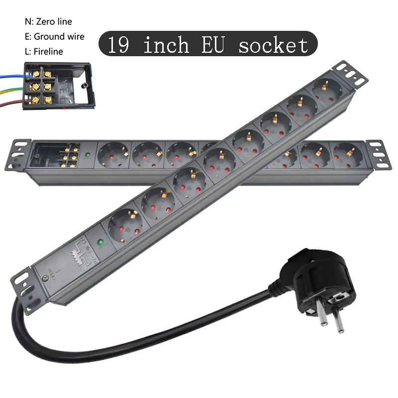 

Aluminum alloy shell PDU power board 19 inch rack mounted EU socket 8AC, with junction box/LED power indicator light/2m wire