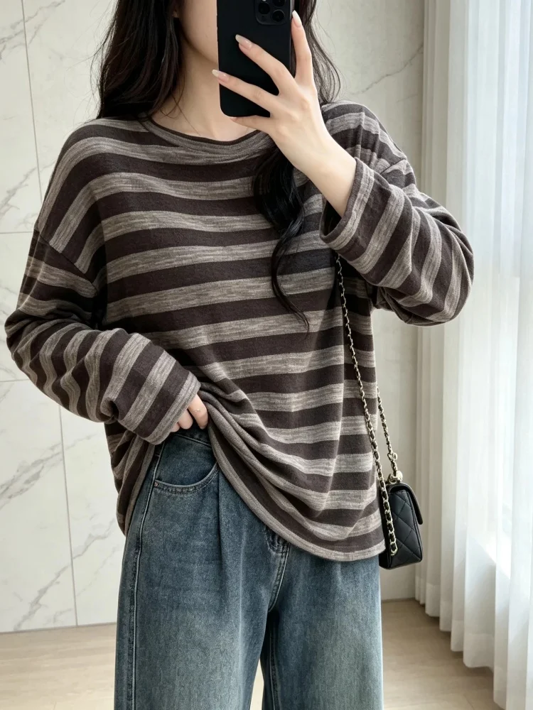 Fashionable Striped Long Sleeve T-Shirt Women's Loose Base Shirt Age-Defying Spring Autumn New Style Cover-Up Top