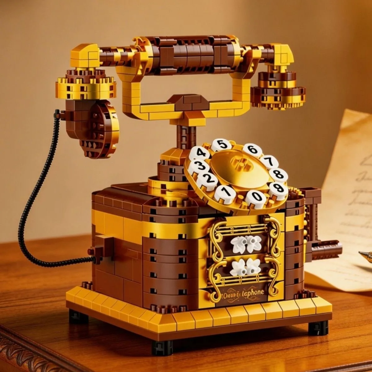 MOC Klassieke draaiknop telefoon, retro telefoon, doe-het-zelf bouwset, bouwstenen, sculptuur, antieke telefoon, decoratie voor op het bureau, handgemaakte cadeaus.