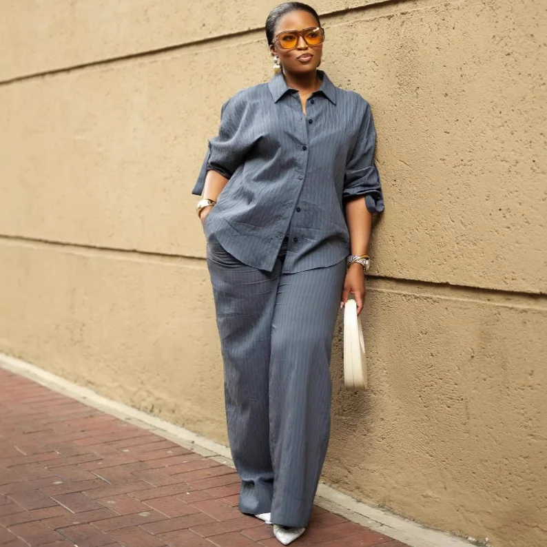 

Shirt Wide Leg Pant Sets Women Striped Casual Two Piece Set Full Sleeve Button Office Lady Blouses High Waist Pants Suits