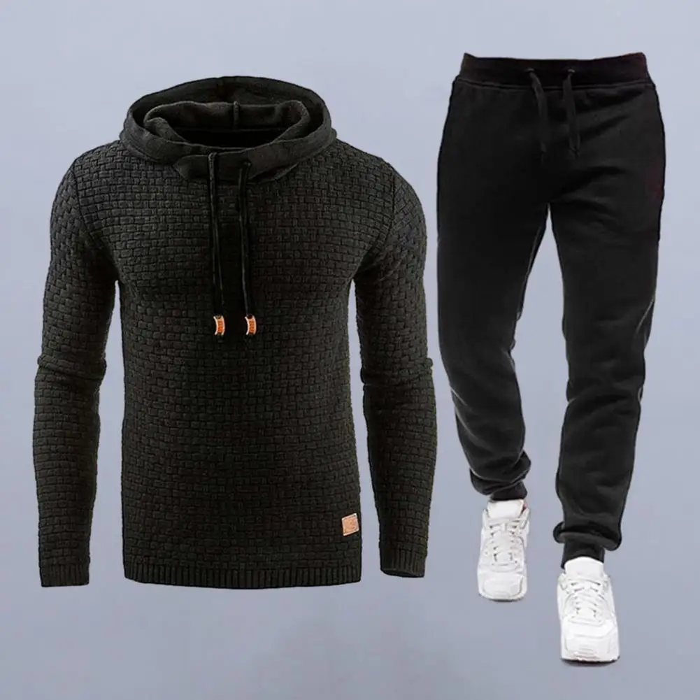 2 Pcs/Set Men Hoodie Pants Suit Waffle Texture Solid Color Long Sleeves Men Top Pants Suit Fall Winter Tracksuit For Sports