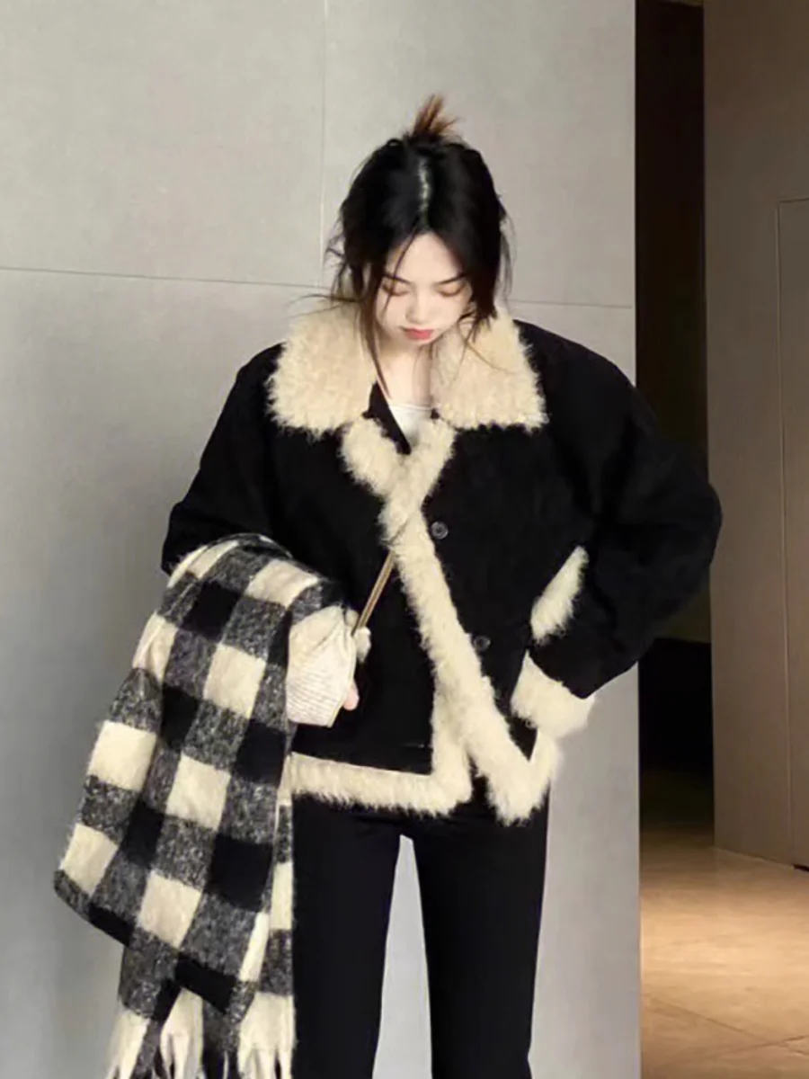 Winter Korean Fashion Lambwool Jacket Warm Women Plus Velvet Coats Casual Plush Thicken Chaquetas Chic Fur Integrated Outerwears