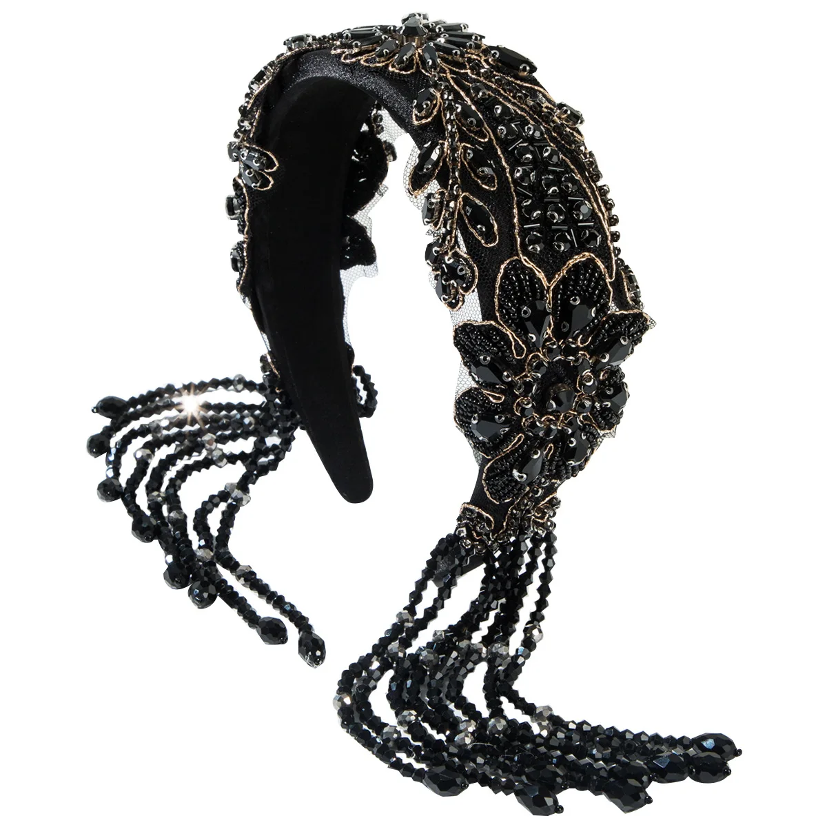 Fashion court style black diamond fringed headband heavy industry full diamond bead crystal retro light luxury ball hair accesso