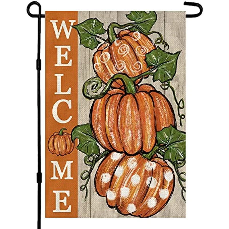 1pc 12x18 Inch Fall Thanksgiving Pumpkins Garden Flag Polka Dots Small Double Sided Burlap Welcome Yard Autumn Decoration